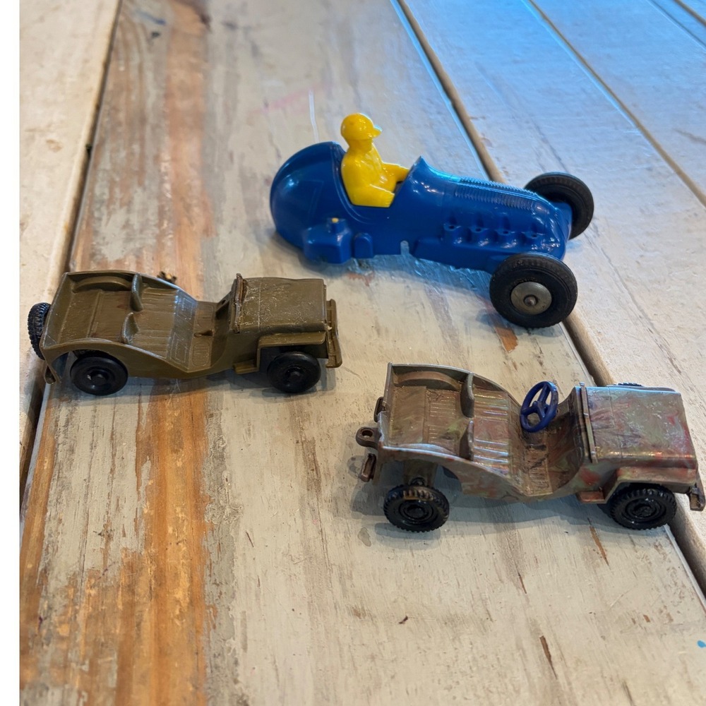 Vintage Plastic Toy Cars READ Blue Race Car and Two Military Jeeps 1950s IDEAL